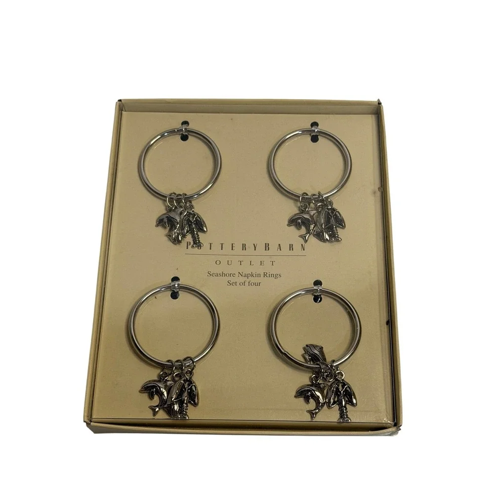 NEW Pottery Barn Seashore Napkin Rings Set of 4 Silver Coastal Charm Table Decor
